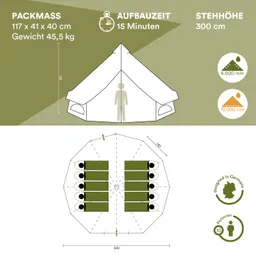 Zeltgrafik mit technischen Details: Packmaß, Aufbauteil, Stehhöhe, Wassersäule und Innenansicht mit Schlafplätzen für 10 Personen.