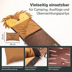 Schlafsack mit Löwenkopf-Design, braun mit weißen Mustern, abnehmbarem Kissen und Reißverschluss-Schutz. Maße: 25 cm hoch, 40 cm breit, 10 cm dick.
