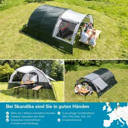 Zelt auf einer grünen Wiese mit zwei Ansichten. Oben tischende Personen und unten eine Nahaufnahme des Zeltes. Text mit Informationen über das Unternehmen.