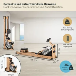 Rudermaschine aus Holz mit transparentem Wasserbehälter, Maße und Gewicht sowie Informationen zur Benutzergröße sind angegeben.
