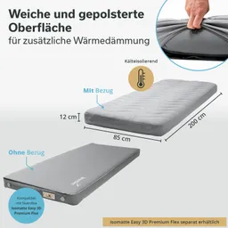 Eine Matratze mit weicher, gepolsterter Oberfläche, Maße 200 cm x 85 cm, sichtbar in zwei Varianten (mit und ohne Bezug).