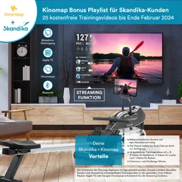 Bild mit einem Fernseher, der ein Kajak-Sporttraining zeigt, und einem Fitnessgerät im Vordergrund. Textinformationen zu Kinomap und Skandika.