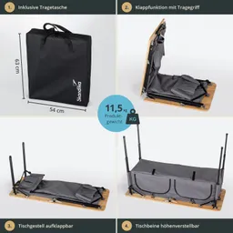 Faltbarer Tisch in Tragetasche, mit einem Gewicht von 11,5 kg. Verschiedene Ansichten des Tisches und seiner Funktionen.