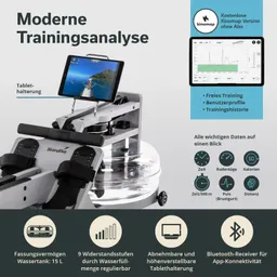 Trainingsgerät mit Wasserbefüllung und Tablet-Halterung. Anzeige von Trainingsdaten wie Zeit, Kalorien und Puls.