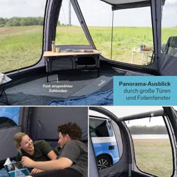 Innensicht eines Zeltes mit fest eingenähtem Zeltboden. Ein Tisch steht in der Mitte, zwei Personen liegen nebeneinander und lachen. Große Fenster zeigen Ausblick auf die Umgebung.