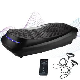 Vibrationsplatte in Schwarz mit rutschfester Oberfläche, blauer LED-Leiste, Fernbedienung und Widerstandsbändern.