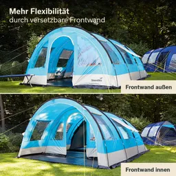 Ein großes Zelt in blau und beige mit transparenten Fenstern, Ansicht von außen und innen, umgeben von Bäumen.