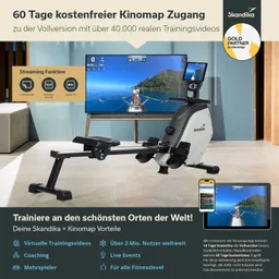 Rudergerät in modernem Wohnraum, großer Fernseher mit Trainingsvideo, Informationen über Kinomap-Zugang und Funktionen.