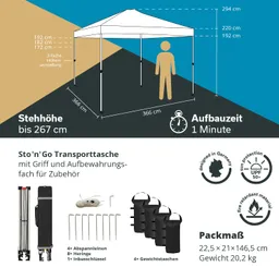 Zelt mit Maßangaben: Höhe bis 267 cm, Breite 366 cm, Aufbaudauer 1 Minute. Zubehör und Transporttasche abgebildet.