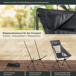 Schwarzer Campingstuhl mit Klappmechanismus. Im Hintergrund eine Holzoberfläche, daneben gefaltete Stuhlteile und Informationen.