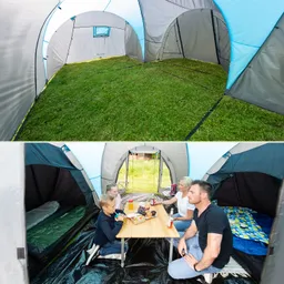 Zeltinnenansicht mit zwei Bereichen: Oben leerer Raum mit Grasboden, unten zwei Erwachsene und zwei Kinder um einen Tisch mit Snacks.