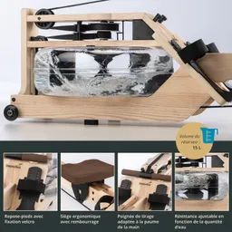 Holz-Rudergerät mit klarer Wasserbehälter, ergonomischem Sitz, verstellbarer Fußhalterung und Widerstandseinstellung.
