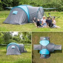 Zelt in der Natur mit blauer und grauer Plane. Familien sitzen auf einer Decke, umgeben von Bäumen und Wiese.
