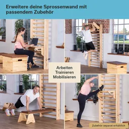 Vier Bilder zeigen verschiedene Nutzungsmöglichkeiten einer Sprossenwand mit Zubehör.  1. Eine Person sitzt am Tisch und arbeitet.2. Eine Person hängt an der Sprossenwand.3. Eine Person macht Liegestütze vor der Wand.4. Eine Person dehnt sich.
