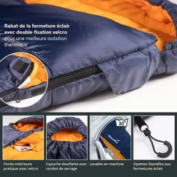 Daunenjacke in Blau mit orangefarbenem Innenfutter, geschlossenen Reißverschluss und Velcro-Befestigung. Sichtbare Details und Pflegehinweise.