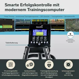 Trainingscomputer von Skandika mit Display und Bedienelementen. Grafik zeigt Funktionen und Anwendungsbeispiele.