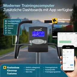 Fahrradergometer in einem modernen Raum. Person steht davor, hält die Griffe. Im Hintergrund Möbel und Lampen.