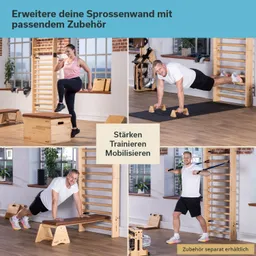 Verschiedene Fitnessübungen mit einer Sprossenwand und Zubehör in einem hellen Raum. Oben links: Person macht Step-Ups. Oben rechts: Person trainiert mit Parallettes. Unten links: Person in Plank-Position auf einer Bank.
