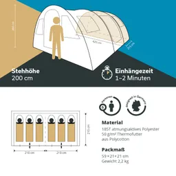 Zeltansicht mit Abmessungen, Stehhöhe und Informationen zur Montagezeit. Details zu Material, Größe und Gewicht sind angegeben.