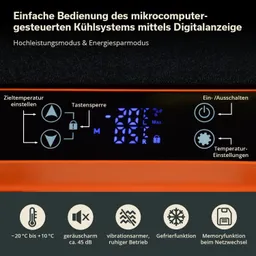 Digitalanzeige eines Kühlsystems mit Bedienknöpfen. Temperaturbereich von -20 °C bis +10 °C. Grafische Symbole dargestellt.