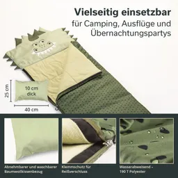 Schlafsack in Form eines Drachenkopfes, grüne Farbtöne, abnehmbares Kissen, wasserabweisend, mit Zip-Schutz.