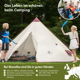 Zelt im Wald mit mehreren Personen, eine spielt mit einem Ball. Textpartien über Camping und Dienstleistungen stehen daneben.