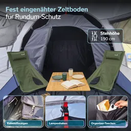 Zeltinnenraum mit zwei grünen Stühlen, einem Tisch und Getränken. Sichtbare Details: Lampenhaken, Organizer-Taschen, Kabelöffnungen.
