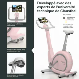 Ein rosa Heimtrainer mit einem Tablet-Halter, Transportrollen, und einer horizontal verstellbaren gepolsterten Sitzfläche.