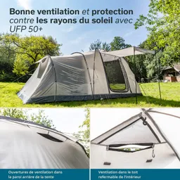 Zelt in einem grünen Feld, mit Sonnenschutz und Belüftung. Zwei Detailansichten zeigen Ventilationsöffnungen.