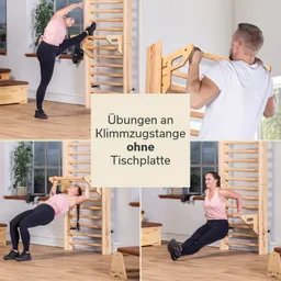 Vier Bilder zeigen verschiedene Übungen an einer Klimmzugstange. Zu sehen sind eine Person, die sich dehnt, eine andere, die Klimmzüge macht, und zwei weitere Übungen, darunter eine Ruderbewegung und Dips. Der Raum hat Holzfußboden und große Fenster.