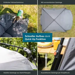 Zelt mit grauem Stoff und faltbarem Gestänge auf einer Wiese. Nahaufnahmen von Aufbaumechanismen.