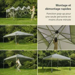 Auf dem Bild sind Montage- und Demontageschritte eines grauen Pop-up-Markises zu sehen. Oben ist eine Person beim Aufstellen des Markises zu sehen.