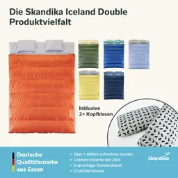 Bunte Schlafsäcke in verschiedenen Farben und Designs, inklusive zwei Kopfkissen. Hintergrund in neutralem Farbton.