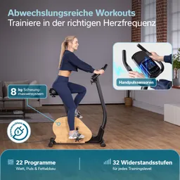 Es ist ein Fahrradergometer mit Holzoptik, benutzt von einer sitzenden Person in Sportkleidung. Informationen über Funktionen sind im Bild.
