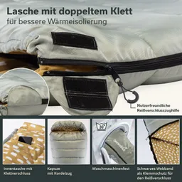Schlafsack mit doppelter Klettlasche, Reißverschluss und Innentasche. Muster mit Punkten auf Innenfutter. Waschmaschinengeeignet.