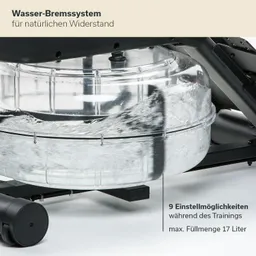 Wasser-Bremssystem mit transparentem Wassertank und technischen Details. Max. Füllmenge 17 Liter, 9 Einstellmöglichkeiten.
