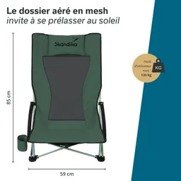 Klappstuhl in Dunkelgrün mit Menü, maximal 136 kg Nutzergewicht, Maße: 85 cm hoch, 59 cm breit, seitlicher Getränkehalter.
