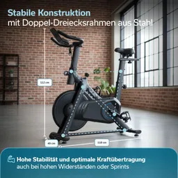 Fitnessbike mit stabiler Stahlkonstruktion, abgebildet in einem Raum mit großen Fenstern und Backsteinwand. Maße sind angegeben.