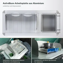 Aufrollbare Arbeitsplatte aus Aluminium, mit Spülstation und Kochbereich für Gaskocher. Übersichtliche Anordnung der Elemente.