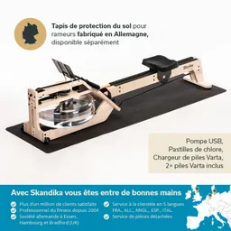 Tapis de protection noir für Rudergeräte, Holzstruktur mit Wassertank und Zubehör, in hellem Umgebung.