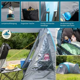 Zelt mit verschiedenen Funktionen: Lampe, Organizer-Tasche, markierte Gestänge, Verdunkelung für Fenster, und Innenansicht mit Kindern in Schlafsäcken.