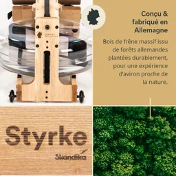 Holzgerät mit transparentem Wasserbehälter, Markenname „Styrke“, umgeben von Naturmotiven. Text über nachhaltige Materialien.