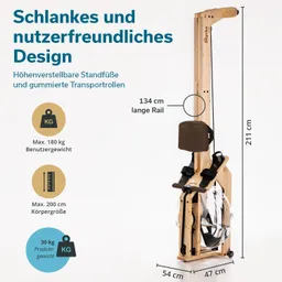 Rudergerät mit hochwertigem Holzdesign, verstellbaren Standfüßen, Transportrollen und den Maßen 211 cm (Höhe) und 54 cm (Breite).