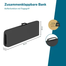 Zusammenklappbare Bank in grauer Farbe mit Traggriff. Maße: 90 cm x 28 cm x 8 cm, Gewicht: 6,5 kg.