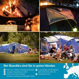 Lagerfeuer brennt in einer Feuerstelle. Zelt mit bunten Lichtern, Personen sitzen im Freien und genießen die Zeit. Zelt im Hintergrund.