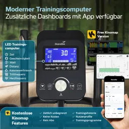 Moderne Trainingscomputer mit LED-Display zeigt Trainingsdaten wie Zeit, Geschwindigkeit, Watt und Herzfrequenz an.