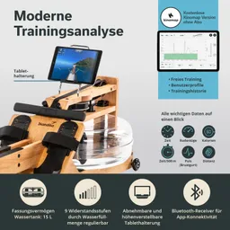 Wasserrudergerät aus Holz mit Tablet-Halterung, digitalem Display und verschiedenen Trainingsdaten. Informationen zur Nutzung sind aufgeführt.