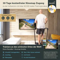 Ein Mann steht an einem Laufband und betrachtet einen Fernseher mit einem Trainingsvideo, das eine Landschaft zeigt. Rechts sind Informationen zu Kinomap und Skandika aufgeführt.