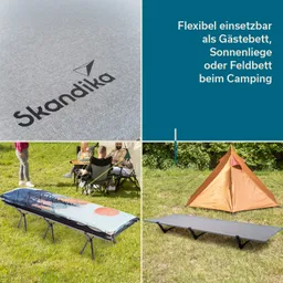 Graue Oberfläche mit "Skandika"-Logo, Feldbett mit Landschaftsmotiv, Gruppe von Personen am Lagerfeuer, orangefarbene Zelt.