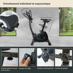 Ergonomisches Fitnessgerät mit verstellbarem Sitz, Griffen und rutschfesten Pedalen. Hintergrund mit Fenstern und Naturblick.